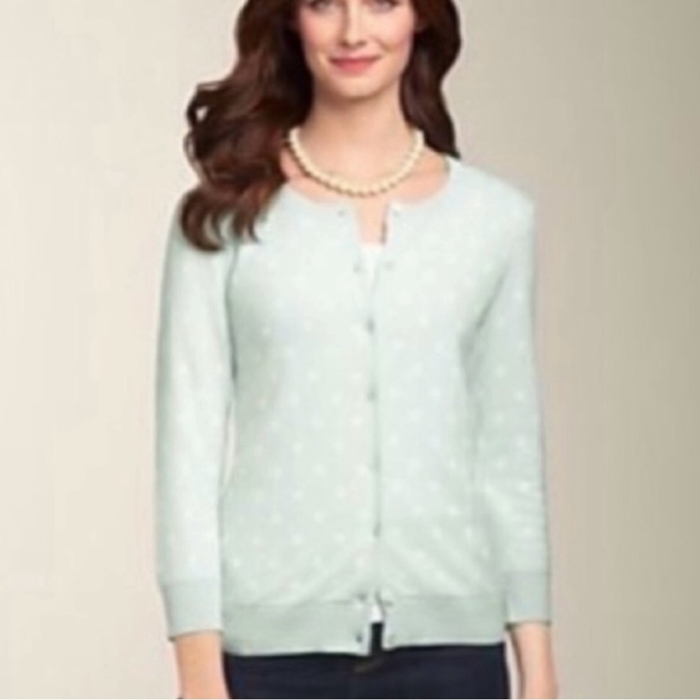 Talbots NWT Green White Polka Dot 3/4 Sleeve Cardigan Sweater Size Medium